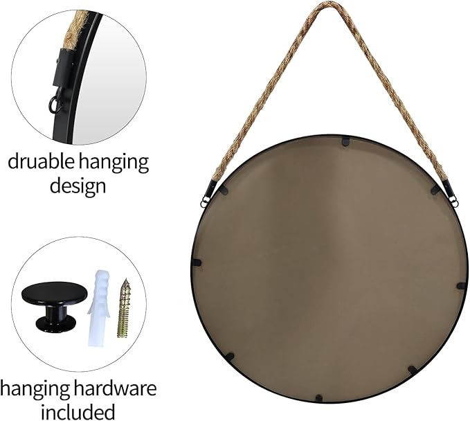 POZINO Round Mirror, 15" Rope Hanging Mirror, Farmhouse Circle Mirrors, Black Metal Frame Wall Mirrors for Bathroom, Bedroom, Living Room, Entryway, Fireplace, Home Decor