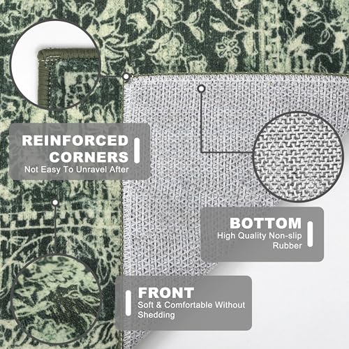KILOCOCO Hallway Runner 2x5 Kitchen Runner Rug Printed Vintage Floral Washable Non-Slip Runners for Hallways Laundry Room Rugs Distressed Boho Rug Runners for Bedroom, Green - color: Dark Green/White, size: 2' x 5' (Runner)