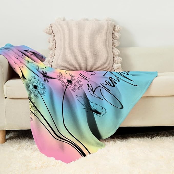 Colorful Ink Dandelion Just Breathe Throw Blanket Inspirational Butterfly Blankets for Kids Girls Boys Women Room Decor Rainbow Fleece Blanket Blue Pink Black Blanket for Chair Sofa 60"x80"