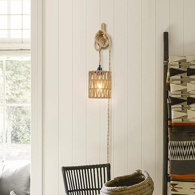 2X Boho Plug in Pendant Light, Hanging Light with Plug in Cord Ceiling Lamp Rattan Cylinder Lamp Shade On-Off Switch Hanging Plant Shelf Shelves Bohemian Decor for Bedroom Living Room Corner