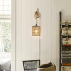 2X Boho Plug in Pendant Light, Hanging Light with Plug in Cord Ceiling Lamp Rattan Cylinder Lamp Shade On-Off Switch Hanging Plant Shelf Shelves Bohemian Decor for Bedroom Living Room Corner