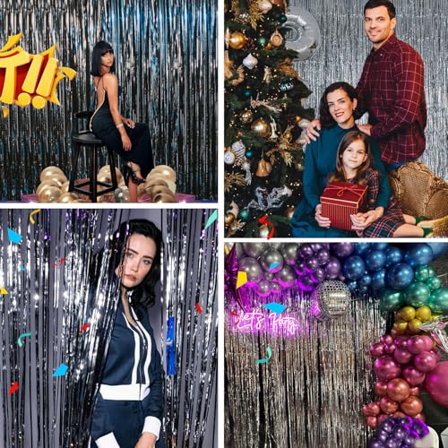 Silver Backdrop Tinsel Foil Fringe Curtains Party Decorations 3.3x8.2ft, Fringe Backdrop Party Streamers for Birthday Wedding Engagement Baby Shower Graduation Disco Christmas, 2 Pack - color: Silver
