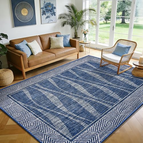 Easy Jute Rug 5x7 Outdoor Patio Rug with Border, Washable Rugs for Living Room, Farmhouse Non Slip Area Rugs with Rubber Backing Indoor Outdoor, Non Shedding Carpet for Bedroom, Courtyard, Blue - color: Blue, size: 5'x7'