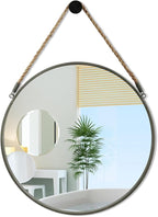POZINO Round Mirror, Rope Hanging Mirror, 15 Inch Farmhouse Circle Wall Mirror for Bathroom Bedroom Living Room Entryway Home Decor, Grey