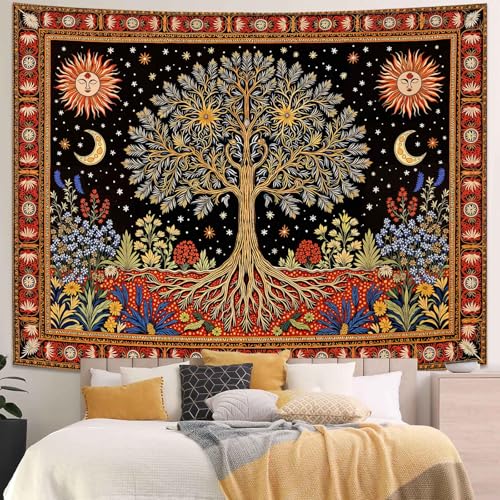 Lunerfex Tree of Life Wall Tapestry - Celestial Sun & Moon Wall Hanging for Bedroom and Living Room Decor - Boho Starry Night Tapestries 60"x44" - color: Black Orange, size: 60"L x 44"W
