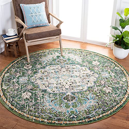 SAFAVIEH Madison Collection 3' Round Green / Turquoise MAD447Y Boho Chic Medallion Distressed Non-Shedding Dining Room Entryway Foyer Living Room Bedroom Area Rug - color: Green/Turquoise, size: 3' (Round)