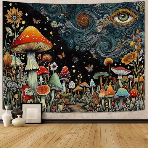 Accnicc Hippie Mushroom Forest Tapestry Abstract Fantasy Sky Eye Wall Tapestry for Bedroom Aesthetic Art Floral Plant Small Tapestries Wall Hanging for Dorm Living Room Decor 60 × 44 Inch - color: Black Red, size: 60"L x 44"W