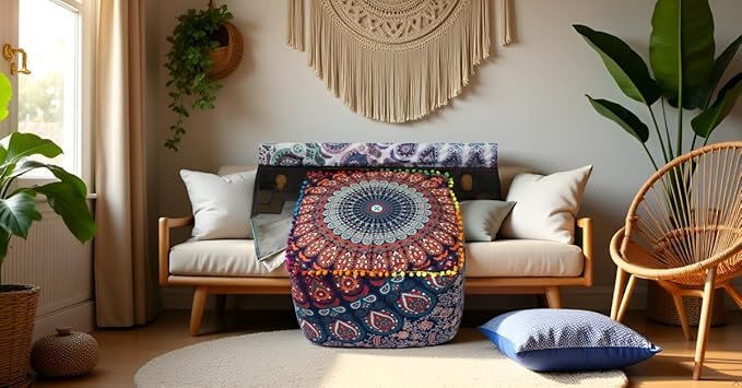CRAFT KALA Indian Square Patchwork Traditional Pouf Cover Indian Living Room Poufs Cover Decorative Designer Ottoman Home Living Footstool Pom Ottoman Cover Decor 20X20X14 inches, Multi-Color Mirchi