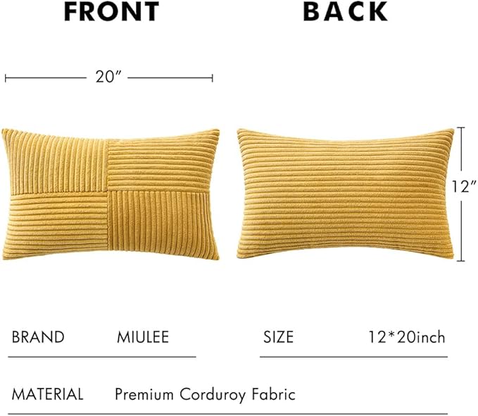 MIULEE Golden Mustard Decorative Lumbar Throw Pillow Covers 12x20 Inch for Couch Bed Sofa Pack of 2 Boho Farmhouse Throw Pillows Soft Cross Corduroy Patchwork Textured Cushion Cases