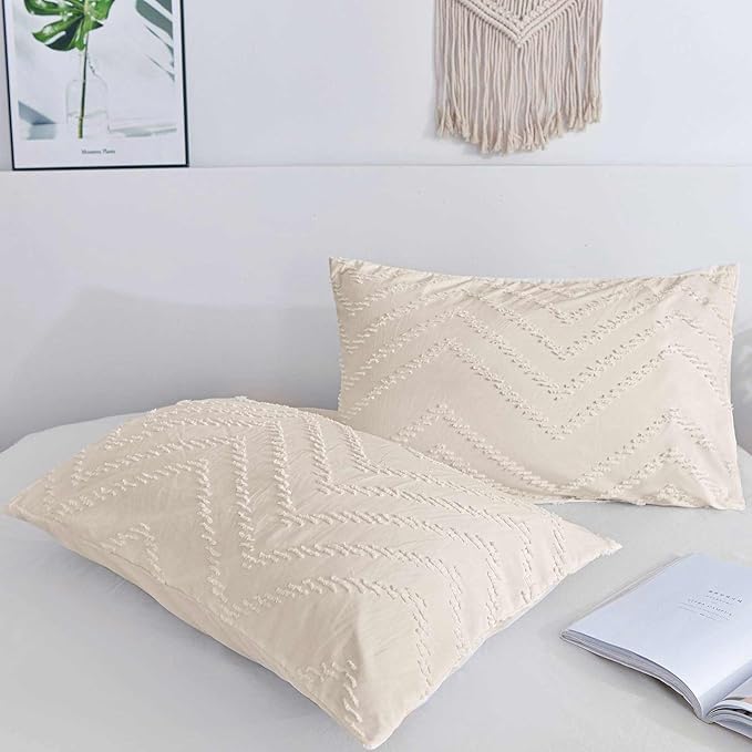 Nanko Pillow Case/Pillow Shams Queen Set of 2, Beige Cream Tan Tufted Jacquard Boho Soft Shabby Chic Microfiber Pillow Covers, for Home Hotel Bed, Farmhouse Modern for Men and Women, 20 x 30 inch