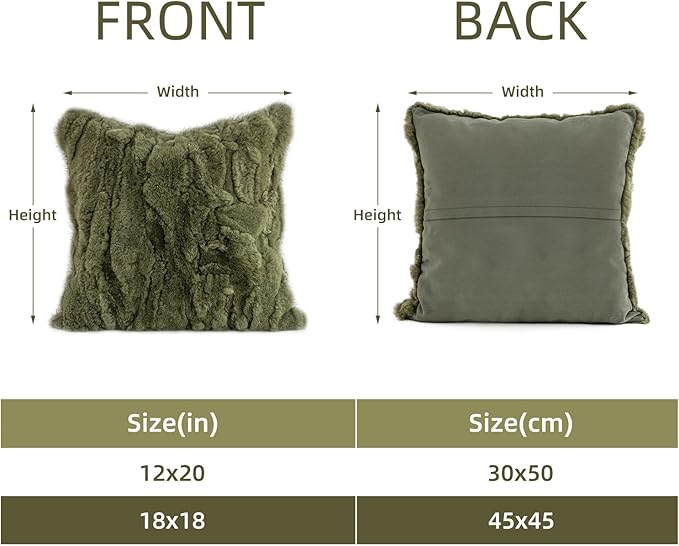 MOOX Rabbit Fur Throw Pillow Covers Decorative Fluffy Soft Fuzzy Plush Luxury Genuine Animal Skin Lumbar Pillow 18"x18" Cushion Cover, Dark Green