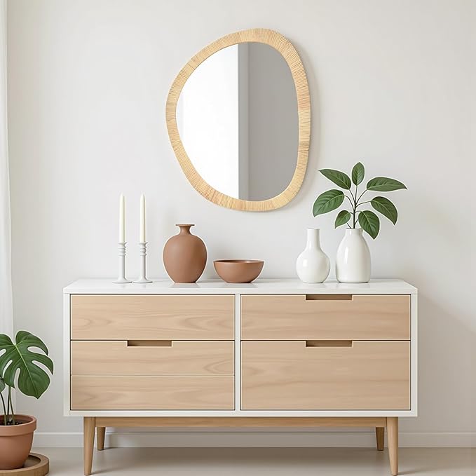Rattan Mirror for Wall,31.5'' x 25.2" Wooden Framed Farmhouse Boho Wicker Coastal Irregular Vanity Mirror for Bathroom Living Room Entryway