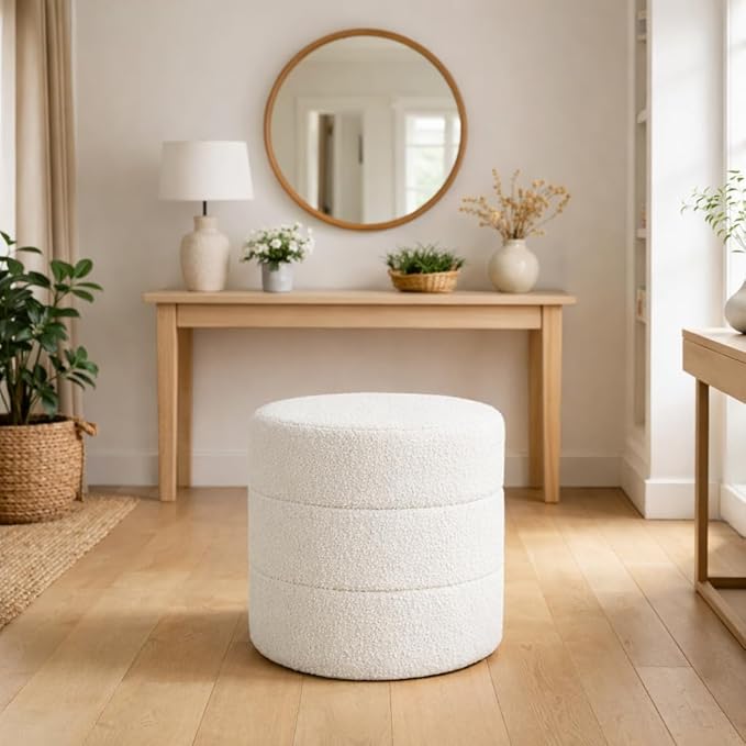 Spatial Order Upholstered Round Ottoman (No Lid, Seat Only) | Spatial Order Home Décor | Foot Rest Pouf – Cream Boucle