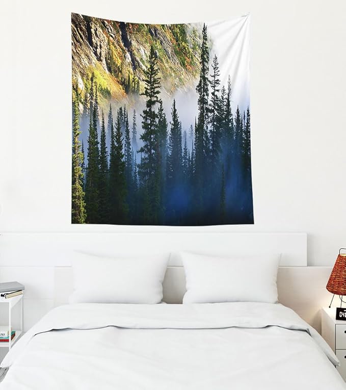 EMMTEEY Mountain Nature Tapestry - Fog and Pine Tree on Rugged Mountainside - 50X60 Inches - Perfect for Families