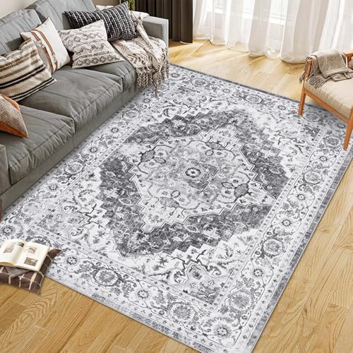GarveeHome Boho Area Rugs for Living Room Large Machine Washable Stain Resistant Non-Slip Rugs for Bedroom, Entryway Kitchen Playroom Nursery Office, Ultra Soft Vintage Carpet - color: Grey, size: 1'9" x 1'9" (Square)