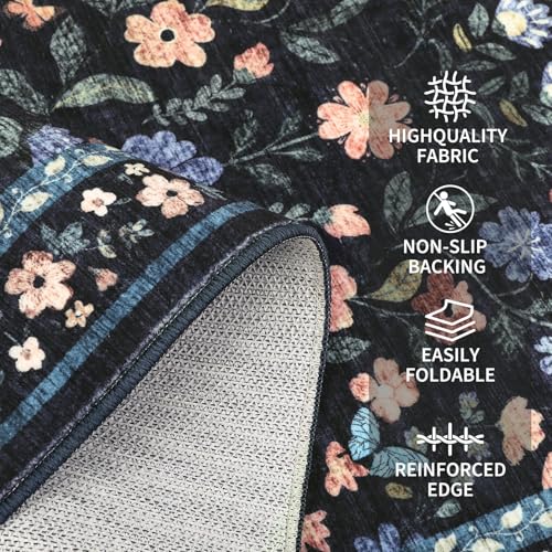 GarveeHome Floral Washable Rug 4x6, Non-Slip Low Pile Botanical Carpet, Vintage Farmhouse Area Rug for Bedroom Nursery Kids Room Home Decor, Dark Grey Blue - color: Dark Grey Blue, size: 4' x 6' (Rectangular)