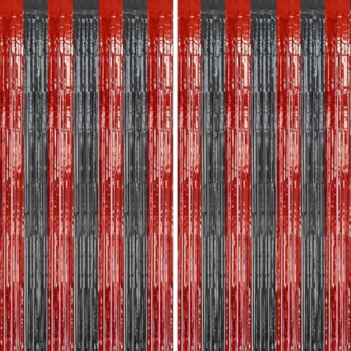 DECOCKRAT 2 Pack Foil Fringe Backdrop - Red&Black Shiny Tinsel Curtains for Party Decoration/Photo Booth Props - 3.3x6.6 FT Metallic Foil Backdrop for Birthday, Wedding, Graduation, Christmas. - color: Red Black