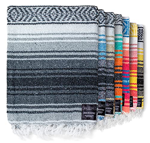 Benevolence LA Authentic Mexican Blanket – Handwoven Falsa Serape Throw – Beach, Camping, Picnic & Yoga Blanket – Lightweight Cotton Throw for Outdoor & Home – Gray, 50x70 in - color: Gray