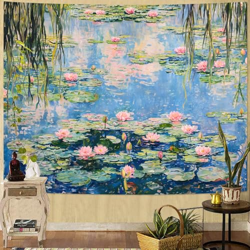 Yeoiat Water Lilies Tapestry Monet Wall Tapestry for Bedroom Nature Plant Tapestries Art Tapestries Wall Hanging for Living Room Bedroom Water Lilies 44×60 Inches - color: Blue Green, size: 60"L x 44"W