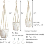 Macrame Plant Hangers with Pots and Saucers, 3 Pack Hanging Planters for Indoor Plants Hanging Plant Holders with Hooks 34" / 26" / 20"