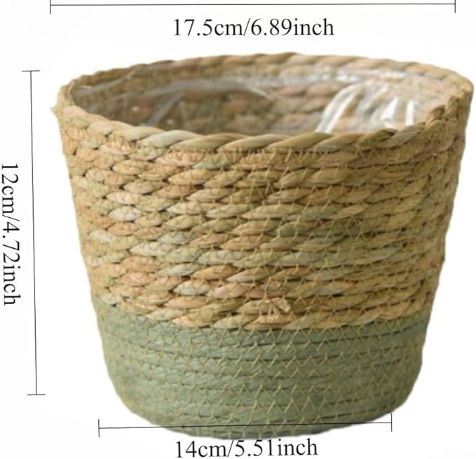 Natural Handwoven Seagrass Planter Basket with Waterproof Liner, Multi-Use Belly Wicker Storage Basket for Plant Pot Cover Indoor Outdoor(Green,6.89''X4.72'')