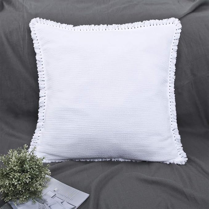 YINFUNG Quilted Euro Sham White Set of 2 Muslin Cotton 26×26 European Pillow Cover Tassel Fringe Boho Decorative Textured Gauze Moroccan Soft Suqare for Bed Couch Sofa Bright White