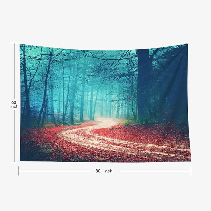 EMMTEEY Halloween Tapestry - Autumn Forest Road, Red Leaves - Bedroom 80x60 for Friends & Families