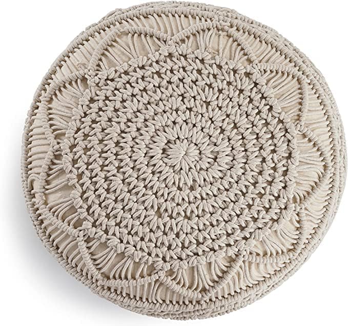 NOORI Rug Home - 100% Handmade & Handcrafted Premium Cotton Round Knitted Macrami Style Pouf - for The Living Room, Bedroom and Kids Room - Small Furniture - Taupe, 20X20x14 (S121)