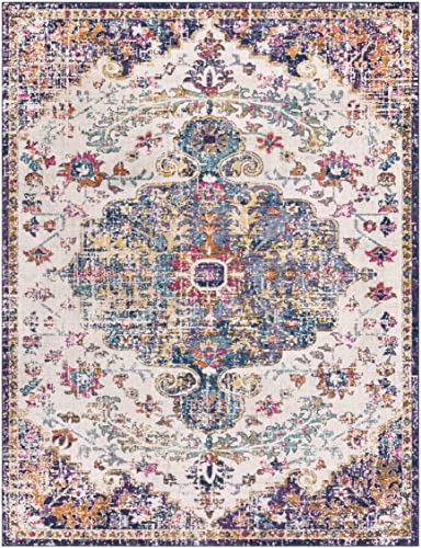 Hauteloom Kaleidoscope Area Rug - Medallion Floral Distressed Border Abstract - Traditional Oriental Boho Transitional Turkish - Beige, Mustard, Medium Gray, Blue, Cream - 2' x 2'11" - color: Beige, Mustard, Medium Gray / Okarche, size: 1'11" x 2'11" (Rec