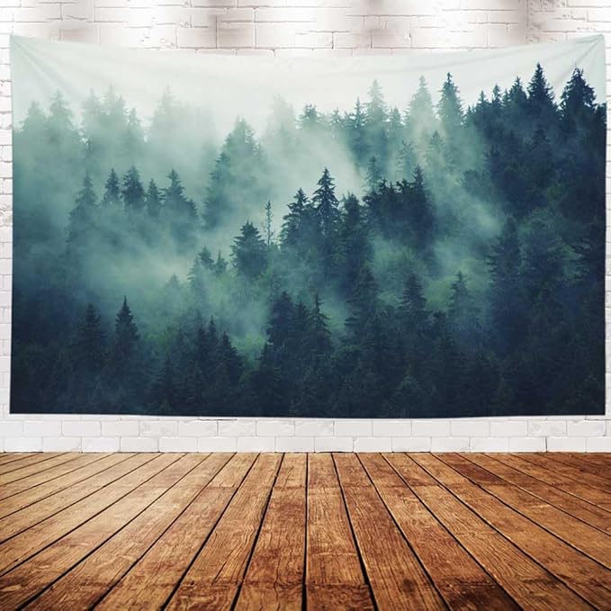 EMMTEEY Forest Tapestry Wall Art 60x40 - Misty Pine Mountain Scenery, Durable Nature Tapestry for Bedroom & Living Room Decor, Outdoor Green Tree Tapestries