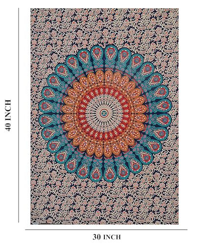 FURNISHFUL FINESSE Handmade Cotton Peacock Mandala Tapestry - Boho Wall Decor, Bohemian Hippie Room Hanging for Bedroom, Dorm & Living Room Aesthetic - 30x40 Inches, (Golden Blue) - color: Golden Blue, size: 40"L x 30"W