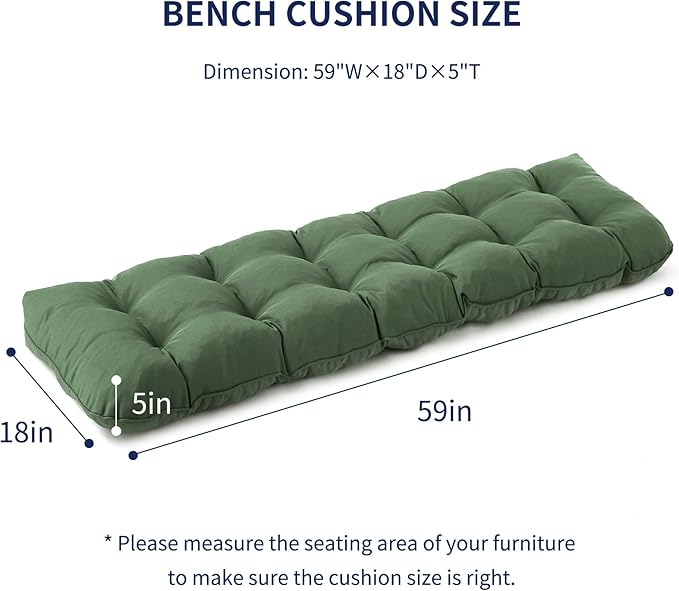 Outdoor Bench Cushion, 59x18x5 Inch, Waterproof Bench Cushion for Outdoor/Indoor Furniture, Tufted Patio Bench Seat Cushion, Fade Resistant Outdoor Cushions for Porch Swing Couch, Dark Green