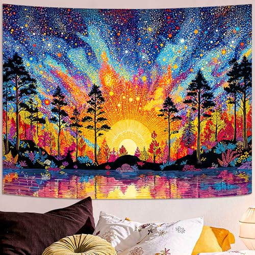 Kanuyee Abstract Sunset Landscape Wall Tapestry, Colorful Nature Scenery Tapestries for Room Decor, Modern Tapestry 60x44 Inch - color: Radiant Gold Blue, size: 60"L x 44"W