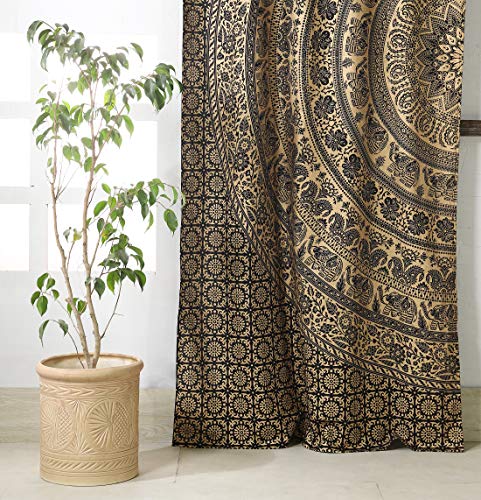 Popular Handicrafts Indian Hippie Bohemian Beautiful Elephant Color Mandala Curtain Panels Black Gold - color: Black Gold, size: 38"W x 83"L (Pack of 2)