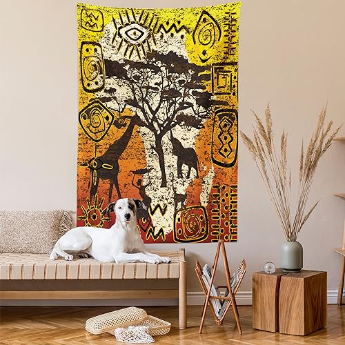 Ambesonne African Tapestry, Animals Savannah Theme Cultural Art Grunge Bohemian Ornamental Design, Wall Hanging for Bedroom Living Room Dorm Decor, 40" X 60", Orange Yellow - color: Orange Yellow and Brown, size: 60"L x 40"W