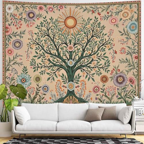 Lunerfex Chakra Tree Wall Tapestry - Celestial Sun & Floral Wall Hanging for Bedroom and Living Room - Boho Spiritual Decor Tapestries 60"x44" - color: Cream Green, size: 60"L x 44"W