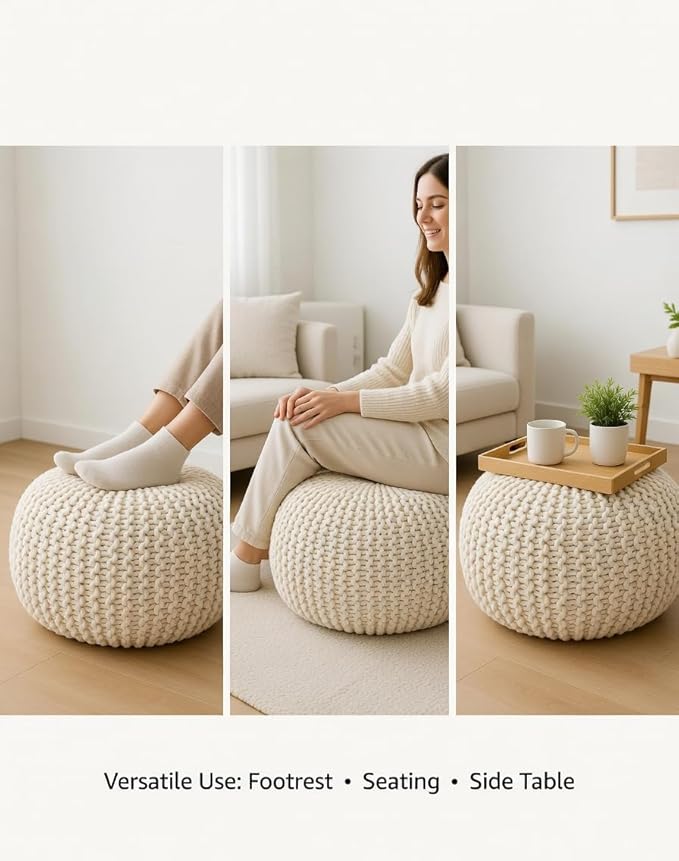 Palisa Round Ottoman Pouf Handmade Cotton Knitted Poof Bean Bag Filling (Ivory, 20" D x 20" W x 14" H)