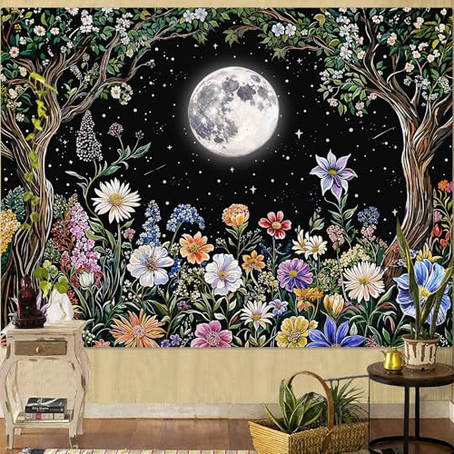 Kanuyee Boho Moon Tapestry Colorful Floral Wall Tapestry, Cute tapestries for Bedroom Ceiling Tapestries Wall Hanging for Bedroom Living Room Decor Moon-1 60"x80" - color: Snow White, size: 80"L x 60"W