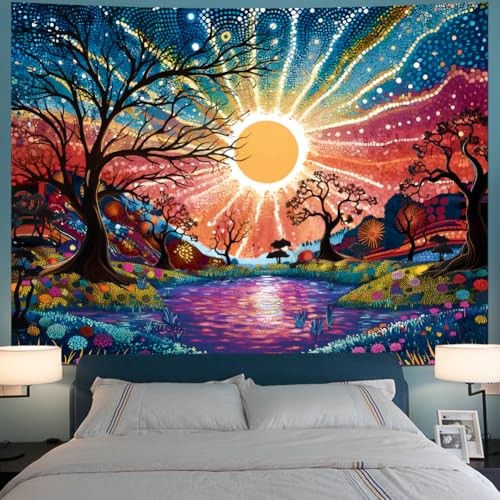 Serborlur Tree of Life Tapestry Trippy Sun Forest Tapestries Colorful Starry Sky Tapestries Hippie Nature Landscape Tapestry Wall Hanging for Living Room Bedroom (39.4" x 52.4") - size: W52.4"×H39.4"