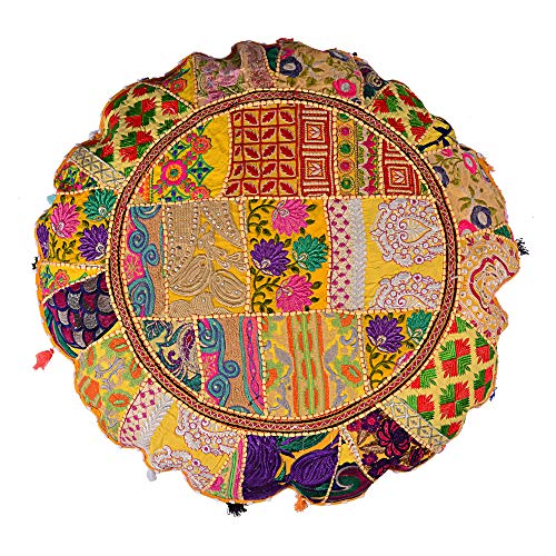 Rajasthani Handmade Colorful Decorative Floor Pillow Cover Meditation Patchwork Patchwork Cushion Seating Accent Boho Chic Indian Handmade Cover ONLY (Yellow, 32X32 Inches) - color: Yellow