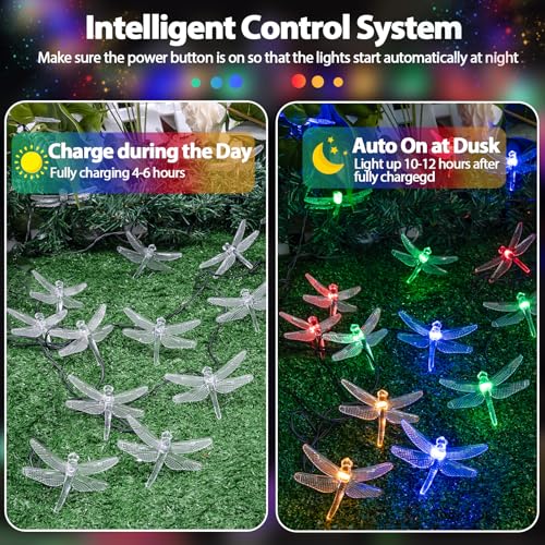 OZS 2PK 40LED 50FT Dragonfly Solar Lights Outdoor Waterproof, Multicolor Solar Fairy Lights with 8 Lighting Modes, Garden Decor for Outside, Pathway Lights for Fence, Patio, Yard - color: Dragonfly-Multicolor