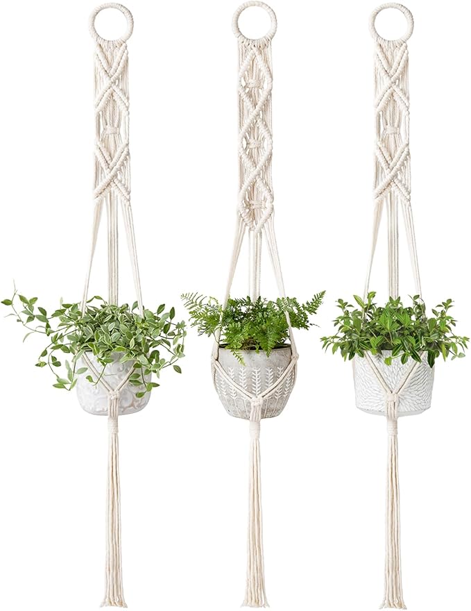 Mkono 3 Pack 39 Inch Macrame Plant Hangers Indoor Wall Hanging Planter Basket Flower Pot Holder Boho Home Decor, Ivory