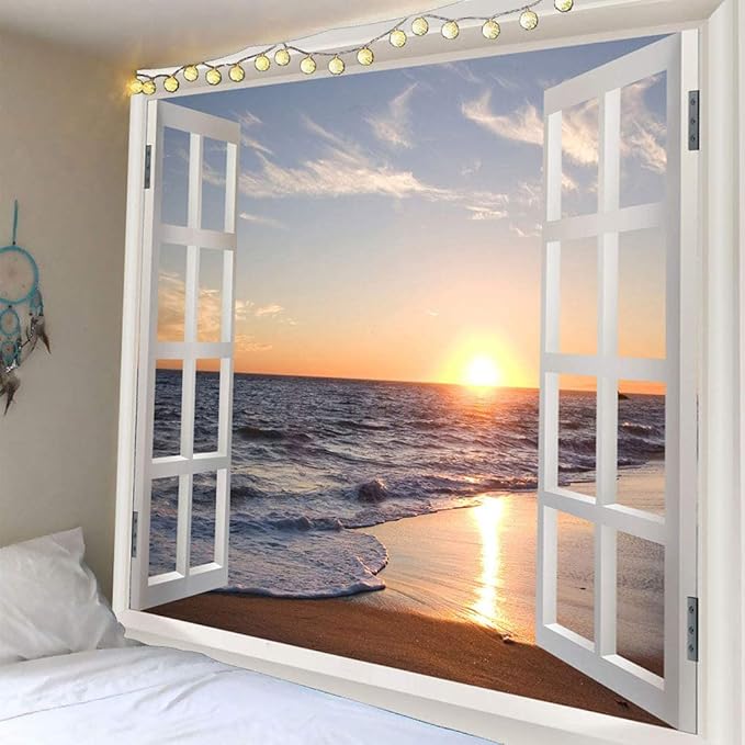 Homiest 3D Ocean Tapestry Wall Hanging Sun Sunset Sea Beach Landscape Tapestry Window Tapestries for Bedroom Living Room Home Decor 60x80 Inches