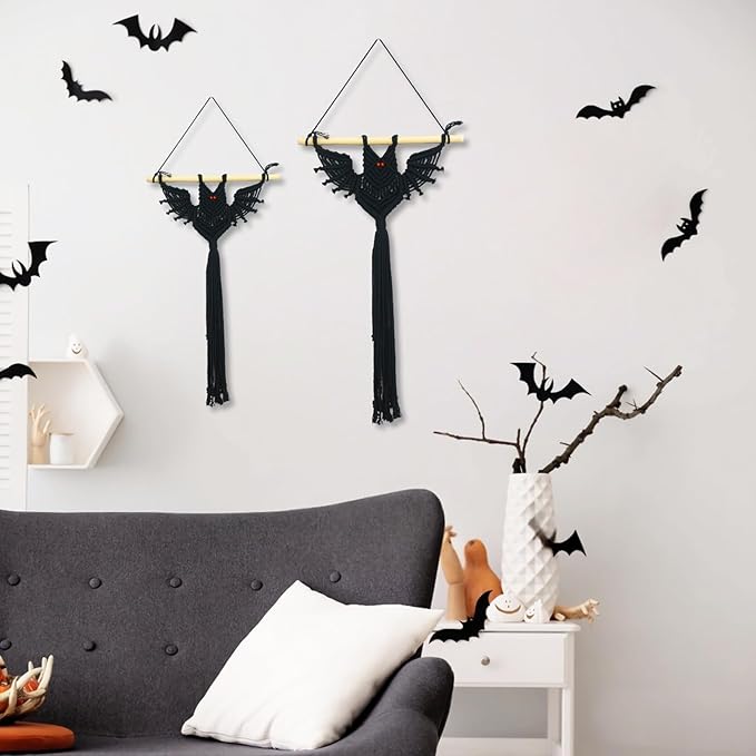 HVEST 2PCS Black Halloween Bat Macrame Wall Hanging Boho Decor Scary Black Bat, Gothic Handmade Woven Tapestry for Bedroom Spooky Halloween Decorations Macrame Wall Art for Living Room