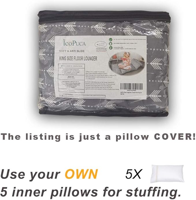 ICOPUCA Floor Lounger Pillow casing for boy Girl, Soft Minky Plush, Arrow Print, Cover/Sleeve/Casing ONLY! Perfect Reading and Watching TV Cushion - Excellent for Sleepovers, King Size;