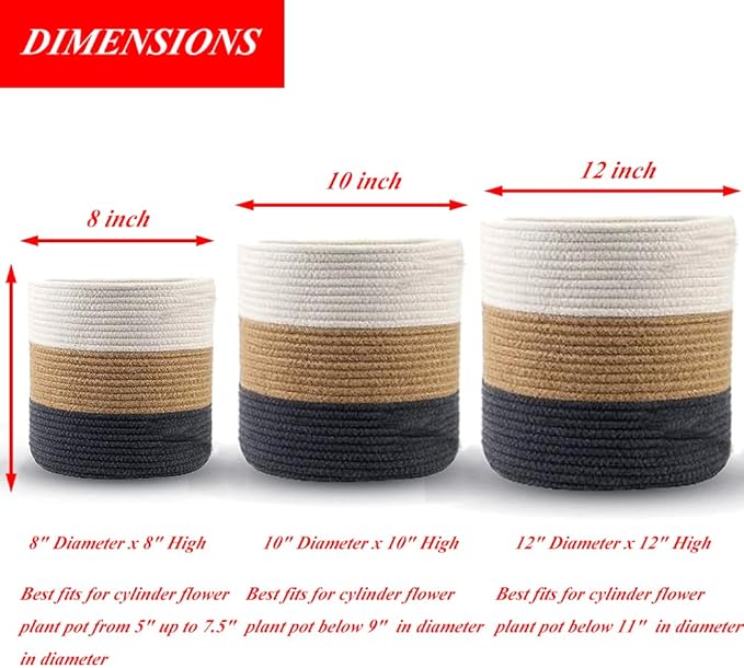 Woven Cotton Rope Plant Basket for Flower Pot Indoor Planters, 8" x 8" Jute Foldable Storage Basket Organizer Modern Decor Household Laundry Basket