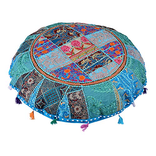 Rajasthani Handmade Colorful Decorative Floor Pillow Cover Meditation Patchwork Patchwork Cushion Seating Accent Boho Chic Indian Handmade Cover ONLY (Turquies, 32X32 Inches) - color: Turquies