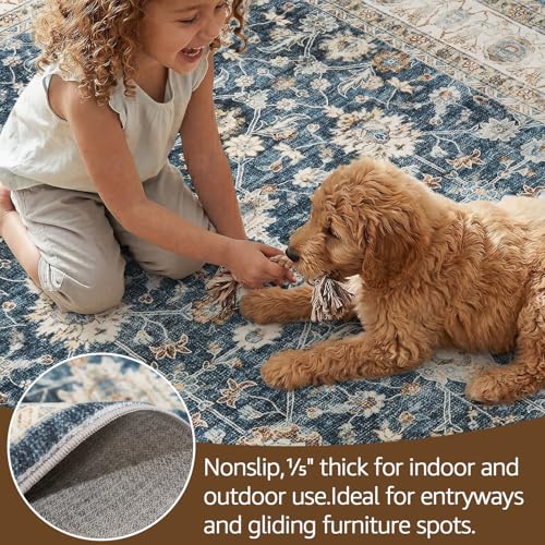 jinchan 2x3 Washable Vintage Floral Rug, Distressed Traditional Entryway Rug, Soft Low-Pile Non-Slip Accent Mat for Indoor Foyer, High-Traffic Kitchen Sink Laundry Room, Blue - color: Oriental Beige on Dark Blue, size: 2' x 3' (Rectangular)
