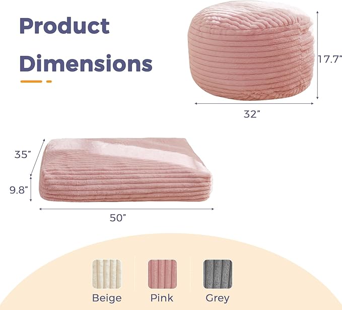 MAXYOYO Kids Bean Bag Chair Bed, Convertible Children Chair to Floor Mattress with Filler, Faux Fur Bean Bag Bed Stuffed Child Sofa Couch for Girl Boy Sleeping, Machine Washable Cover, Pink