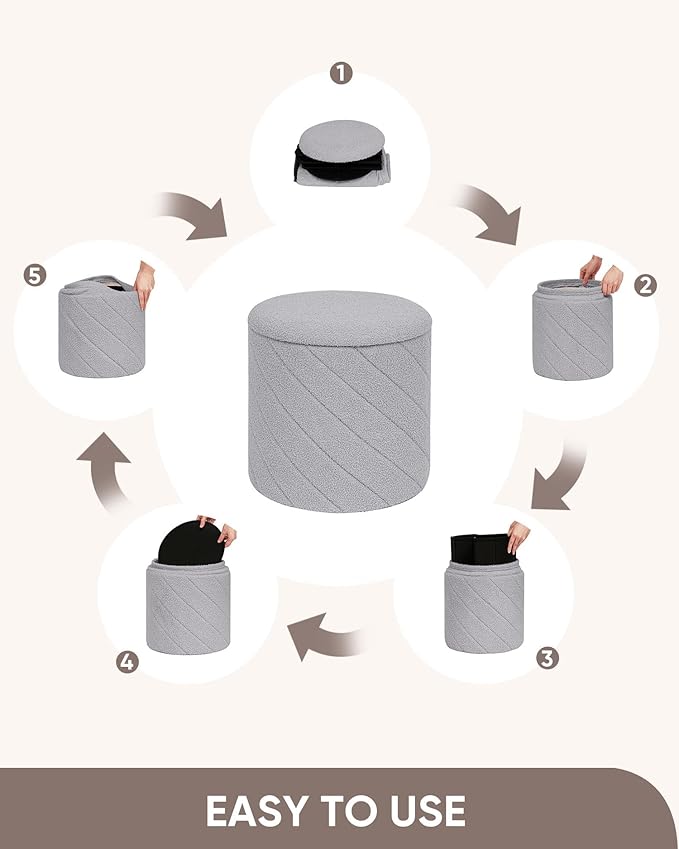 B FSOBEIIALEO Ottoman with Stroage, Boucle Round Storage Ottoman with Tray,Foot Rest Stool for Dorm Room, Living Room Grey, 16.93"x16.93"x17.72"